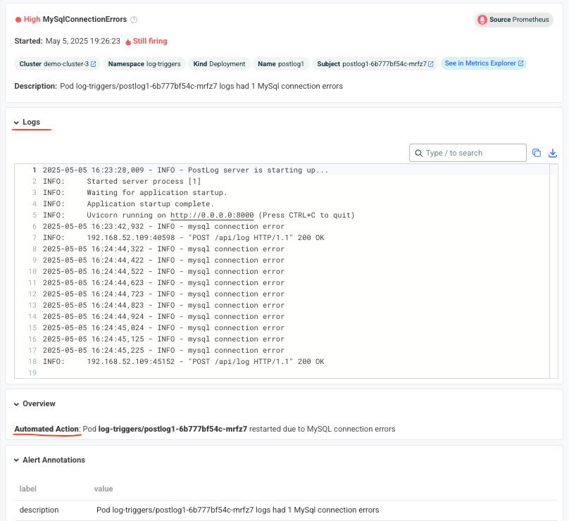 Robusta alert screenshot